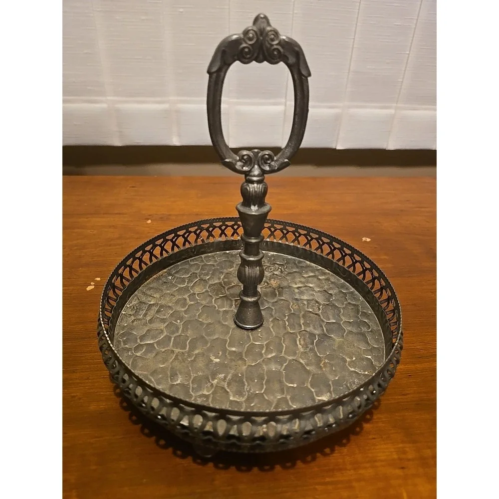 Vintage round holder bottles barware Dresser tray dish hammered table silvertone